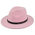 Detail of pink fedora wool hat featuring a black leather band and metal rivets decoration - M (56-58cm) / Pink