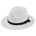 Detail of white fedora hat felt texture with black band and gold buckle accent - M(56-58cm) / White