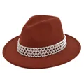 Detailed close-up of pearl beaded band decoration on a caramel wool felt fedora hat - M (56-58cm) / Rust red