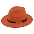 Detail view of the orange fedora hat featuring a black band with a gold metal buckle - M (56-58cm) / Orange Red