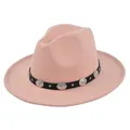 Detailed shot of pink felt fedora with black band and silver metal concho stud ornaments - M (56-58cm) / Pink