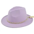 Detail of lavender wool fedora with gold pearl chain and cream fringe tassel - M / Light Purple