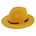 Detail of yellow wool fedora hat featuring black leather band and gold metal buckle - M (56-58cm) / Yellow