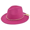 Detail of rose red wide brim fedora with gold chain, white pearls and fringe tassel accents - M / Rose Red