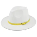 Detail of white felt fedora hat featuring a bright yellow leather belt with golden buckle - M (56-58cm) / White