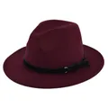 Detail of burgundy wool fedora hat featuring black band with gold ring and tassel decoration - M(56-58cm) / Wine Red