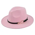 Close-up of pink wool fedora hat featuring a black leather band and gold metal buckle - M (56-58cm) / Pink