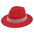 Detailed close-up of a red wool fedora hat with elegant white pearl decorative band - M (56-58cm) / Red