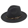 Detalle de sombrero fedora de lana oscura con cinta de leopardo y hebilla dorada chic - M (56-58cm) / Gris oscuro