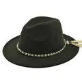 Close-up of fedora hat with gold chain, pearls and white tassels on felt brim - M / Army Green
