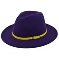 Detailed view of purple wool felt fedora featuring a contrast yellow leather belt buckle - M (56-58cm) / Purple