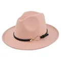 Detailed view of pink fedora hat featuring black leather belt and gold teardrop buckle - M (56-58cm) / Dusty Pink