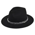 Detail of a black wool fedora featuring a bold silver chain decoration on the hat crown - M (56-58cm) / Black