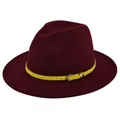 Detail of burgundy wool fedora featuring a bright yellow leather belt with gold buckle - M (56-58cm) / Burgundy