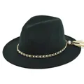 Detail of dark green felt fedora featuring gold chain, white pearls, and cream tassels - M / Dark Grass Green