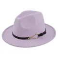 Detail of lavender fedora hat featuring a black leather band and gold metal buckle - M (56-58cm) / Lavender