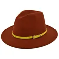 Detail of dark brick red wool fedora hat with a contrasting yellow buckled leather band - M (56-58cm) / Rust red
