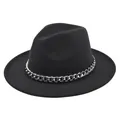 Detailed shot of classic black felt fedora hat featuring a chunky silver metal chain strap - M (56-58cm) / Dark Gray