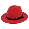 Detail of red fedora hat featuring a black faux leather band with metal ring and fringe - M(56-58cm) / Red