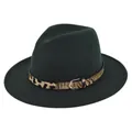 Dettaglio cappello fedora in lana verde scuro con fascia leopardata e fibbia in metallo - M (56-58cm) / Verde Erba Scuro