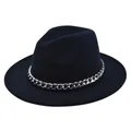 Detail of navy blue wool fedora hat with a chunky silver metal chain band - M (56-58cm) / Navy Blue
