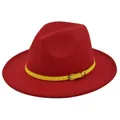 Detailed shot of red wool felt fedora featuring a bright yellow leather band with silver buckle - M (56-58cm) / Red