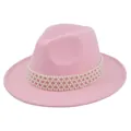 Detailed view of pink wool fedora hat featuring elegant white pearl band embellishment - M (56-58cm) / Pink