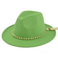Detail of bright green felt fedora featuring gold pearl chain and white tassel decoration - M / Light Grass Green