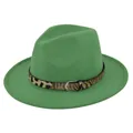 Dettaglio del cappello in feltro di lana verde con cintura leopardata e fibbia in metallo - M (56-58cm) / Verde Erba