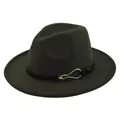 Close-up of deep green wool fedora with black leather band and golden metal buckle - M (56-58cm) / Army Green