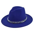 Detail of royal blue wool fedora hat featuring a chunky silver chain decoration - M (56-58cm) / Blue