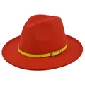 Detail of red wool fedora hat featuring a contrast yellow belt with silver buckle - M (56-58cm) / Red