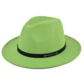 Detail view of neon green fedora hat featuring black leather band and silver studs - M (56-58cm) / Light Grass Green