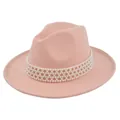 Detail of pink wool fedora hat featuring a luxury four-row white pearl decorative band - M (56-58cm) / Dusty Pink