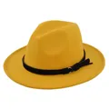 Detailed macro of bright yellow wool fedora hat featuring a black band with gold ring trim - M(56-58cm) / Yellow