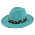 Detailed shot of Tiffany blue fedora with pearl and rhinestone studded black hatband - M (56-58cm) / Lake Blue
