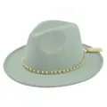 Detail of sage green wool fedora hat with gold chain, pearls and ivory tassel charm - M / Emerald Green