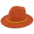 Close-up of orange wool fedora featuring a bright yellow belt with gold metal buckle - M (56-58cm) / Orange Red
