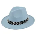 Detail of light blue wool felt fedora featuring black band with pearls and crystals - M (56-58cm) / Sky Blue