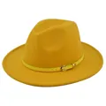 Detailed view of yellow wool fedora hat with thin leather belt and gold buckle - M (56-58cm) / Yellow