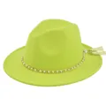 Detail of neon yellow wool fedora hat featuring gold chain with white pearl tassels - M / Light Green