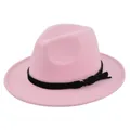 Detail of pink fedora wool hat featuring a black belt with gold metal ring and fringe - M(56-58cm) / Pink
