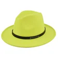 Detail of neon yellow wool fedora hat with black leather belt and metal rivet accents - M (56-58cm) / Light Green