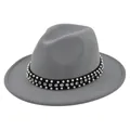 Top view of a dark grey wool fedora featuring a black velvet band with pearls and rhinestones - M (56-58cm) / Light Gray
