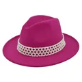 Detail of rose red fedora hat with elegant white pearl decorative band and wool texture - M (56-58cm) / Rose Red