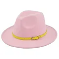 Detailed view of pink wool fedora hat featuring a bright yellow belt with gold buckle - M (56-58cm) / Pink