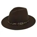 Detalle de sombrero fedora de lana marrón con banda de leopardo y hebilla dorada - M (56-58cm) / Café