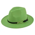 Close-up of grass green wool fedora hat featuring black leather band and gold buckle detail - M (56-58cm) / Light Grass Green