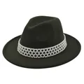 Detail view of a dark green wool fedora hat featuring a premium white pearl beaded band - M (56-58cm) / Army Green