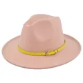 Detail of pink wool fedora hat featuring yellow leather belt strap and gold buckle - M (56-58cm) / Dusty Pink